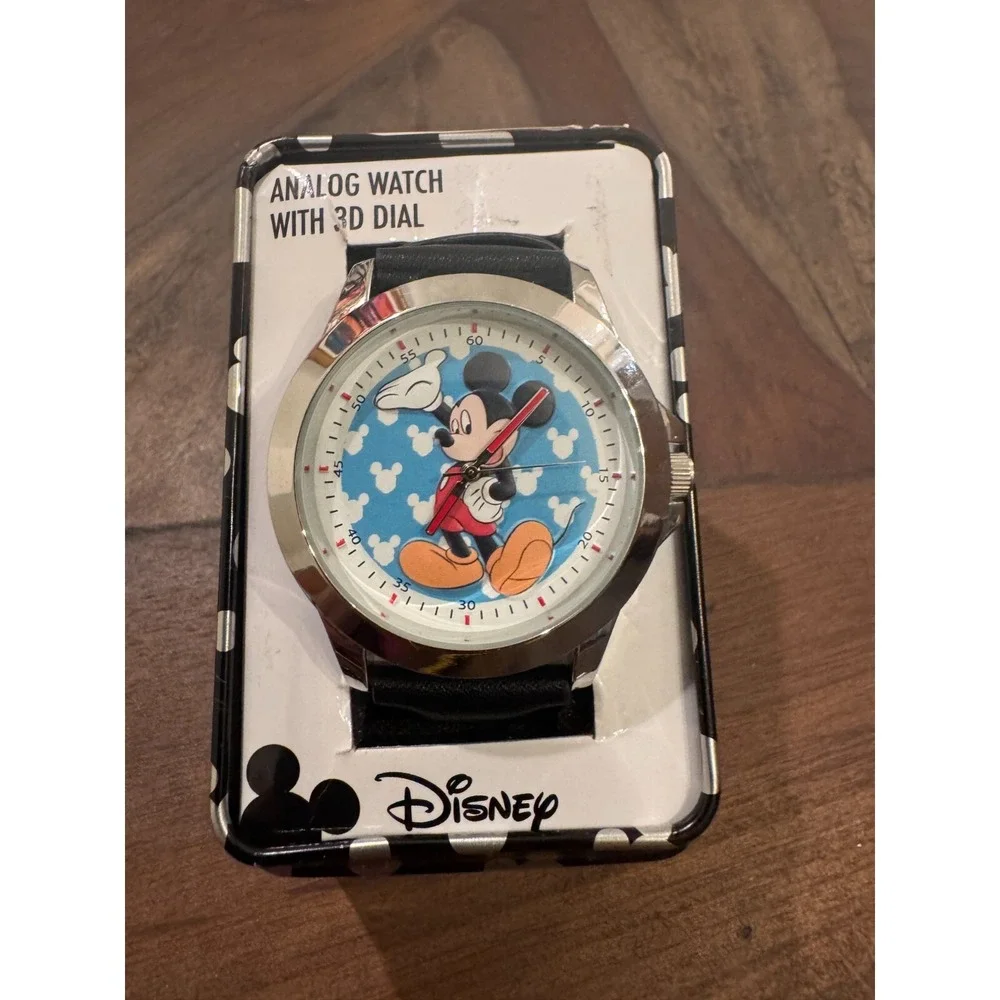 Disney Mickey Mouse Analog‎ Watch 3D Dial Black Leather Band in Tin Box